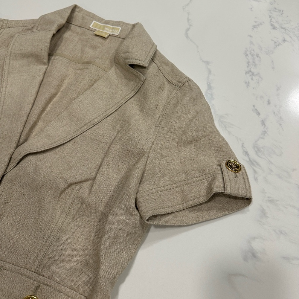 MICHAEL KORS SIZE L~100% LINEN DRESS JACKET BLAZER~PUFF SLEEVES GOLD BUTTON UP - Picture 10 of 16